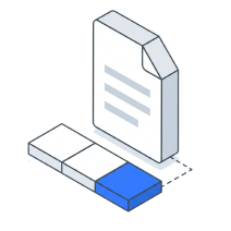 Isometric icon of a standing document with a folded corner beside slabs on a plate, the nearest one blue