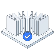 Isometric icon of a fan of upright panels on a plate with a blue tick in front of them