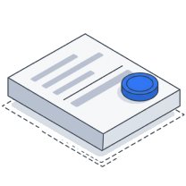 Isometric icon of a document slab of text lines with a blue seal on its corner