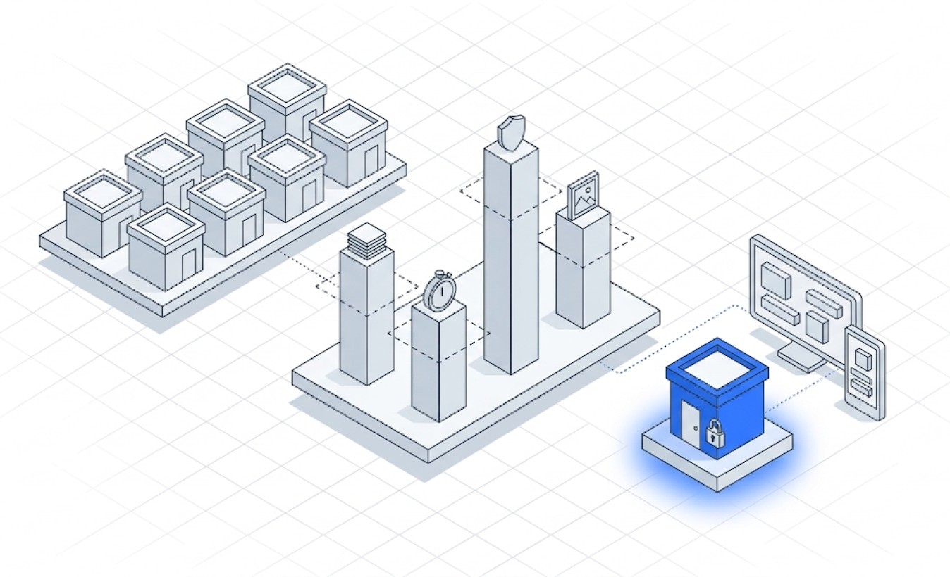 Isometric illustration of a grid of plates feeding a row of ranked columns with a stopwatch, and a monitor beside a blue box