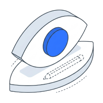 Isometric icon of a blue eye set in a lens, over a plate holding a pencil