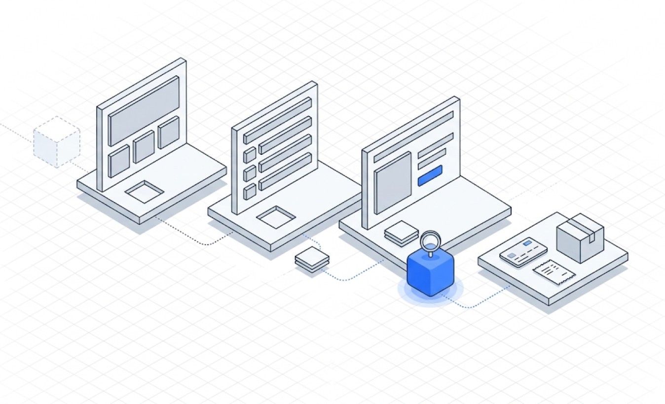 Isometric illustration of three screens linked by a dotted path, a blue cube marking the step under review, ending at a plate of cards