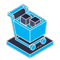 Isometric icon of a cyan shopping trolley carrying boxes