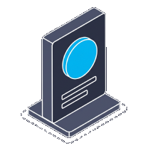 Isometric icon of a standing profile card with a cyan portrait on it