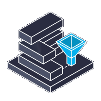 Isometric icon of stacked bars on a plate with a cyan funnel beside them