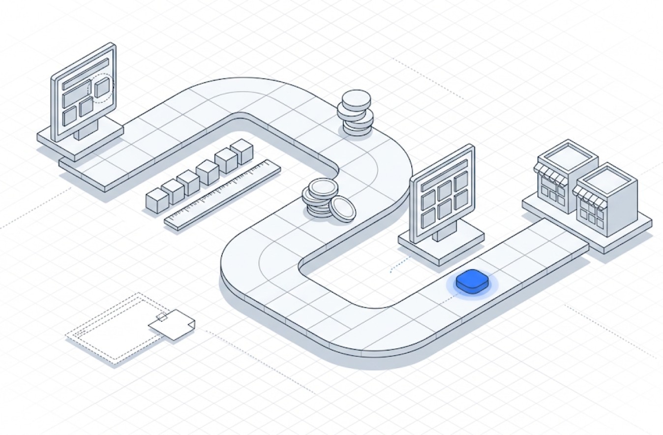 Isometric illustration of a winding track running between two screens and a shopfront, a blue marker travelling along it and a row of cubes measured against a rule