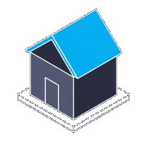 Isometric icon of a house with a cyan roof standing on a plate