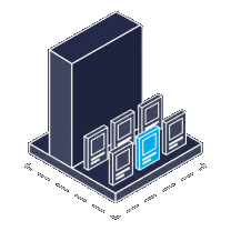 Isometric icon of a tall panel beside a grid of small cards, one of them cyan
