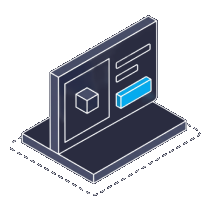 Isometric icon of a screen showing a product cube with a cyan button beside it