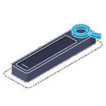 Isometric icon of a search field on a plate with a cyan magnifier at its end