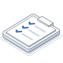 Isometric icon of a clipboard on a plate with blue check marks down its list