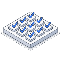 Isometric icon of a grid of boxes, each ticked in blue