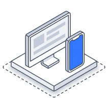 Isometric icon of a monitor with a blue phone screen beside it