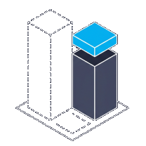Isometric icon of two columns side by side, the shorter one topped in blue