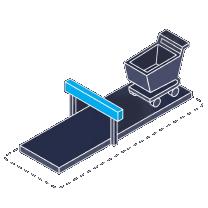 Isometric icon of a shopping trolley on a track with a blue barrier across it