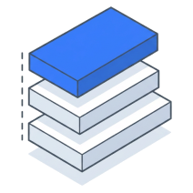 Isometric icon of stacked slabs with the blue one on top