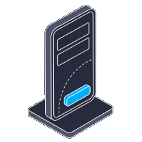 Isometric icon of a phone standing upright with a blue button near its foot