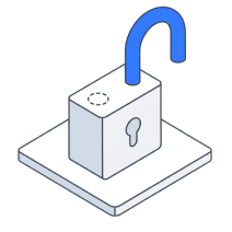 Isometric icon of a padlock on a plate with its blue shackle lifted open