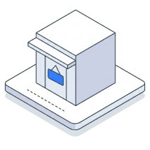 Isometric icon of a shuttered storefront standing on a plate