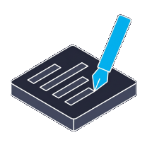 Isometric icon of a blue pen writing on a page of text lines