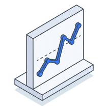 Isometric icon of a board carrying a blue line climbing from left to right