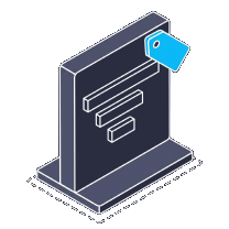 Isometric icon of a page on a stand with a blue tag hanging from its corner
