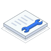 Isometric icon of a page of text with a blue spanner laid across it