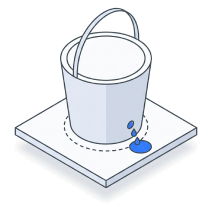 Isometric icon of a bucket on a plate with a blue drip beneath it
