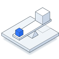 Isometric icon of a lever on a plate with a blue block on one end