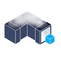 Isometric icon of stepped blocks forming a pipeline with a blue cube at its end