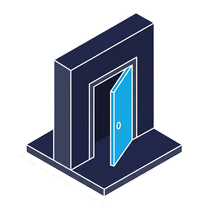Isometric icon of an open doorway standing on a plate