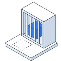 Isometric icon of a cabinet of blue server racks standing behind a grille