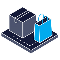 Isometric icon of a parcel and a blue shopping bag on a plate