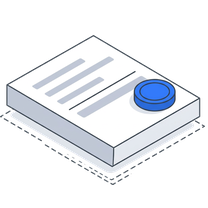 Isometric icon of a document on a plate with a blue seal pressed into it
