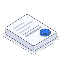 Isometric icon of a document slab with lines of text and a blue seal