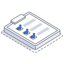 Isometric icon of a clipboard on a plate with three blue markers set along one row