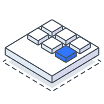Isometric icon of a plate holding six small slabs in a grid, one of them blue