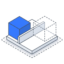 Isometric icon of a blue cube beside a clear panel, with a dashed outline where a second cube would stand