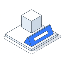 Isometric icon of a white cube on a plate above a single blue name bar