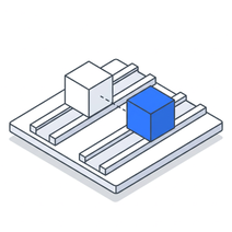 Isometric icon of two cubes travelling along parallel tracks, one white and one blue
