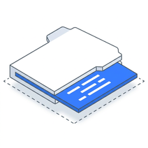 Isometric icon of a folder opened on a plate with a blue sheet of code inside