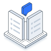 Isometric icon of an open book standing on a plate, a blue tag above its two pages