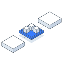 Isometric icon of a blue plate carrying a group of small cubes between two empty plates