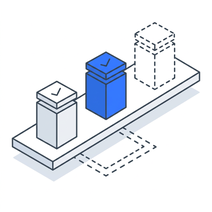 Isometric icon of three containers along a rail, two of them blue and ticked