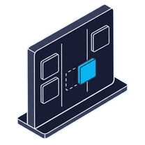 Isometric icon of a board of cards standing on a plate, one card blue