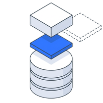 Isometric icon of a database stack with a blue layer lifted out of it