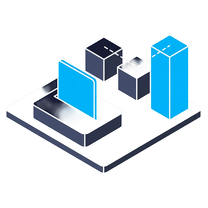 Isometric icon of a screen and bar columns on a plate, two of them blue