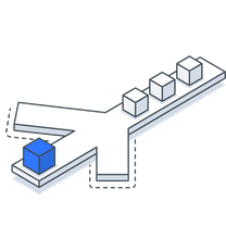 Isometric icon of a path forking away from a line of cubes, the one left behind blue