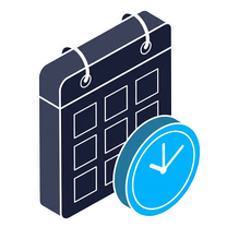 Isometric icon of a wall calendar with a blue clock in front of it