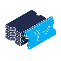 Isometric icon of a stack of tickets, the blue one on top carrying a question mark and a tick